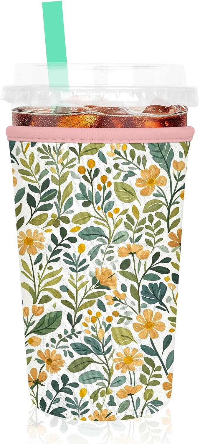 Iced Coffee Sleeve, Reusable Insulated Neoprene Cup Sleeve for Cold & Hot Drinks Beverages, Cup Holder for 32oz Coffee Cups,Abstract Leaf