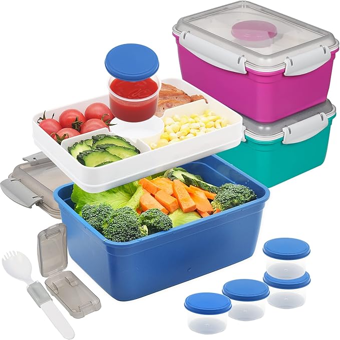 shopwithgreen LARGER Salad Containers To Go for Lunch (3 Pack), Bento Box with Dressing Pots & 5-Compartment Removable Tray, Microwave and Dishwasher Safe, BPA-free, 64 oz