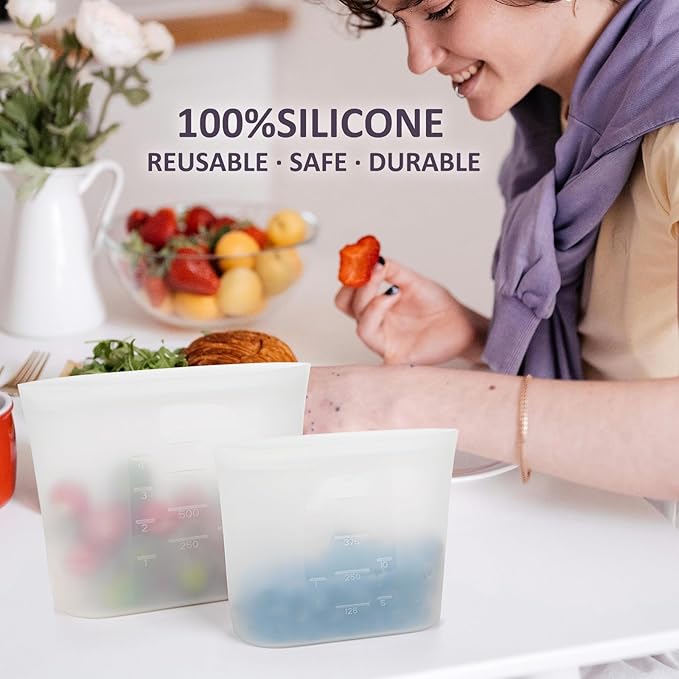 8-Pack Reusable Silicone Food Storage Bags, 100% Silicone Stand-Up Wide-Open Zip-Lock Reusable Storage Bags for Food, Freezer Microwave Oven Dishwasher Safe, Translucent, 4M 4S