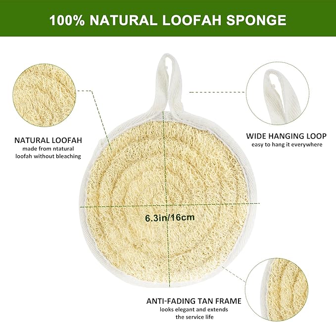 Natural Loofah Dish Sponge Pack of 2, Compostable and Cellulose Kitchen Loofah, Luffa Eco-Friendly Loofah Sponges for Cleaning Kitchen, Bathroom and Household