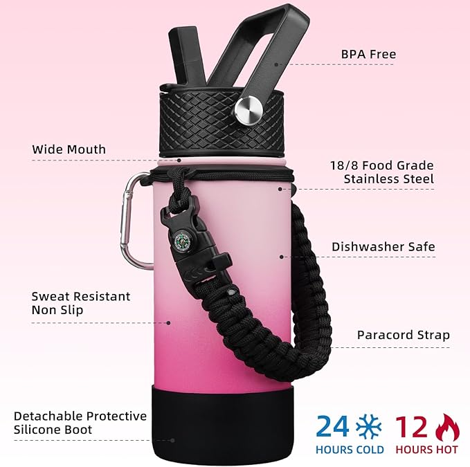 BJPKPK Water Bottle with Straw Lid, 18oz Insulated Water Bottles with 3 Lids, Paracord Handle & Non-slip Boot, Metal Stainless Steel Thermal Flasks, BPA Free Leak Proof Cups, Tumblers,Cherry