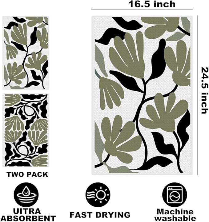 2Pcs Abstract Floral Kitchen Towels 24x14 Inch, Boho Style Sage Green Flower Hand Towels for Kitchen Home Decor, Absorbent Microfiber Dish Cloth Tea Towel, Housewarming Gifts for Women Mom Grandma