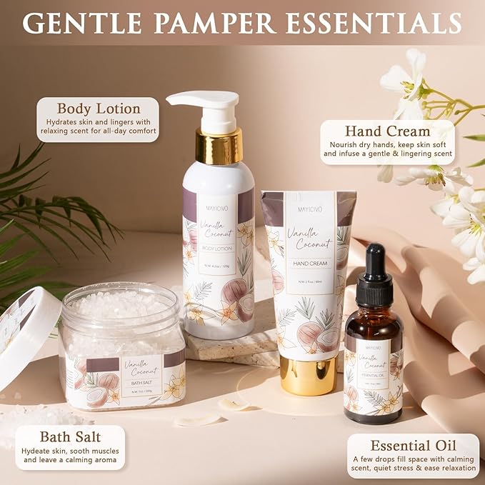Christmas Birthday Gifts for Women, Vanilla Coconut Relaxing Spa Gift Baskets for Women Self Care Package Bath Gift Set, Home Bath and Body Kit Pampering Gifts for Womens Mom Her Friends Sister Wife