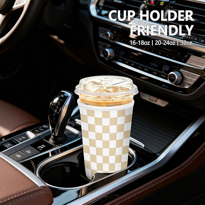 Iced Coffee Sleeve, Reusable Insulated Neoprene Cup Sleeve for Cold & Hot Drinks Beverages, Cup Holder for 32oz Coffee Cups, Orange Plaid