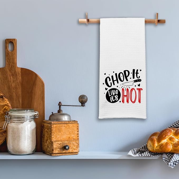 Funny Chop It Like It's Hot Dish Hand Towel - 16" x 24" Microfiber Waffle Weave Kitchen Towel - Humorous Sayings - Gift for Women, Men, Friends