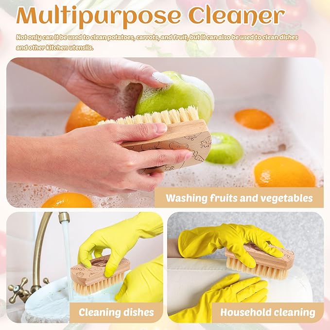 Vegetable and Fruit Cleaning Brush Scrubber Beechwood Handle Fruits Veggie Wash Brushes Potato Carrot Cucumber Mushrooms Washing Cleaner(Beige, 1)