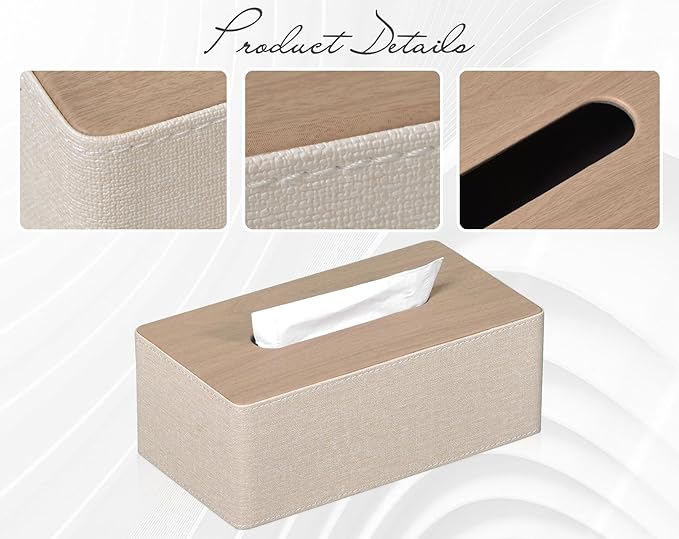 Tissue Box Cover Rectangular 9.8"(L) x 5.3"(W) x 4.3"(H) Refined Modern PU Leather Facial Tissue Dispenser Box Holder for Dresser Bathroom Decorative (Beige)