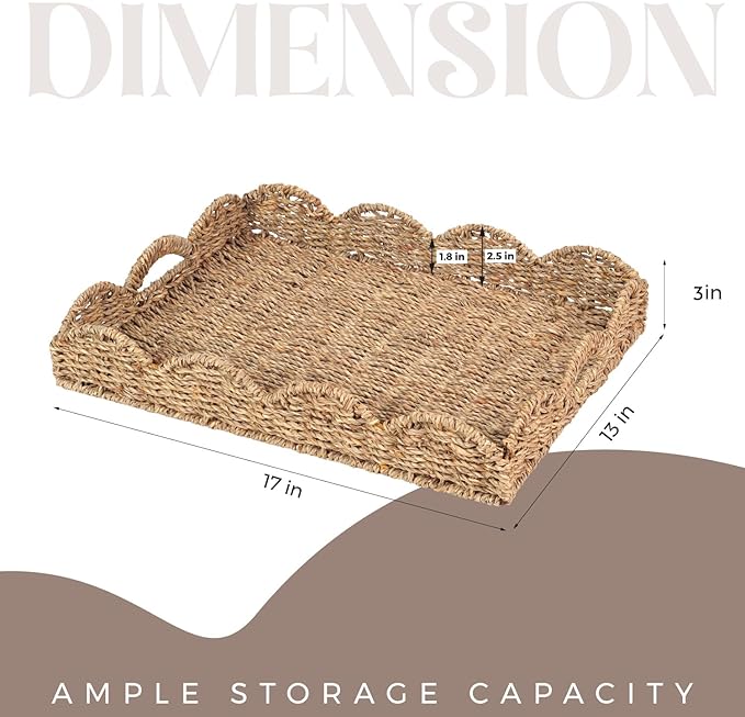 Seagrass Serving Tray with Scalloped Edge and Built-in Handles (17" x 13" x 3")