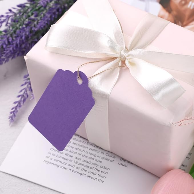 SallyFashion 120PCS Gift Tags with String Attached, 1.6 x 2.8 inch Purple Paper Tags for Wedding Birthday Gifts DIY
