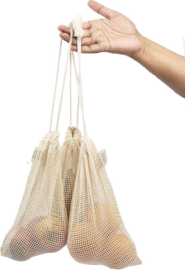 Reusable Produce Bags 6 Pack – 10"x18" Large Cotton Mesh Bags with Drawstring – Natural Storage for Vegetables, Fruit, Onions, Groceries & Shoes