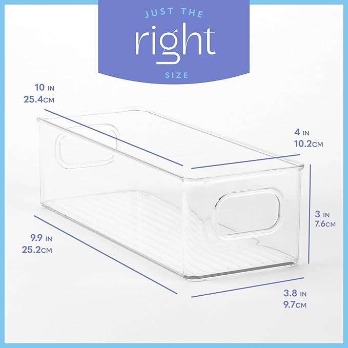 primebox Plastic Food Storage 4 Pack Clear Container Bin with Handles for Organizing Kitchen, Pantry, Fridge, Freezer, Pantry,Bathroom. Stackable. 10"x4"3"