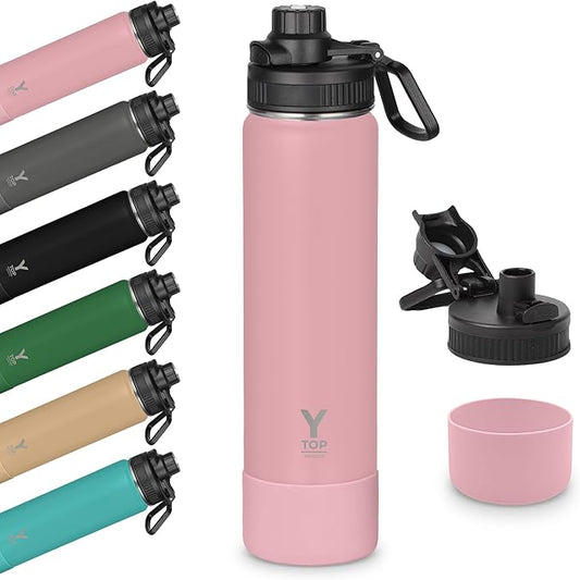 Y TOP 24oz Insulated Water Bottle Cup Holder Friendly, Leak Proof Spout Lid, Double Wall Insulation, Dishwasher Safe, Easy Clean Stainless Steel Water Bottle for Gym Kids Sports Travel School Hiking