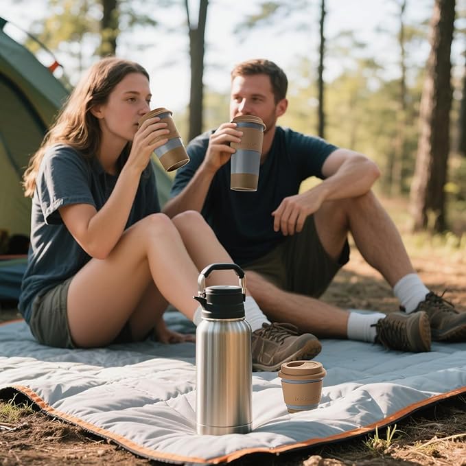 Nucookery Ceramic Travel Coffee Mug Set, Coffee Tumbler with Silicone Lid and Non-Slip Sleeve, Unique To Go Mug, Gifts for Women & Men, Microwave Safe Cappuccino, Tea, Latte, Iced-Coffee Cups, Blue