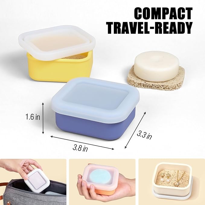 OTHIX 2 Pack Leakproof Silicone Travel Soap Case, Small Bar Soap Holder Container with Drainage Layer & Mini Portable Soap Dish for Shampoo Bars, Bathroom, Gym, Travel, Camping (Ice Blue & Yellow)