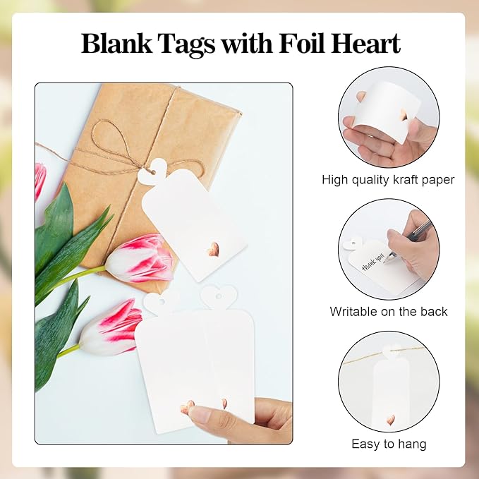 joycraft 100pcs Blank Gift Tags with String, 4x2 in White Paper Tags with Foil Rose Gold Heart, Personalized Gift Wrapping Labels for Birthday, Baby Shower, Wedding, Valentine's Day