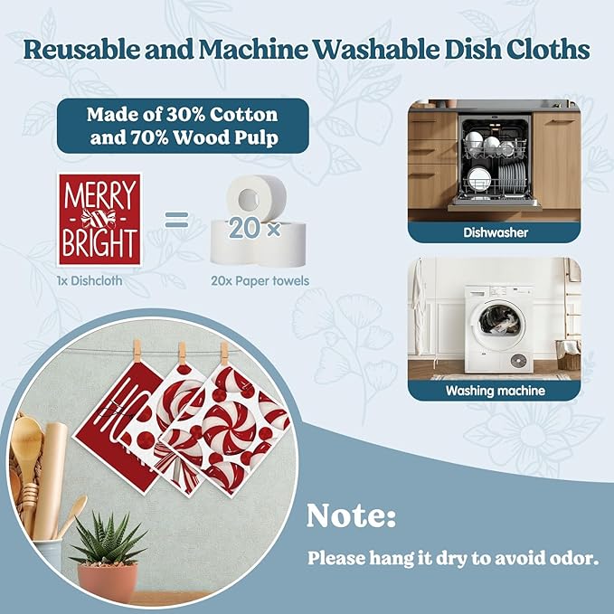 Swedish Dishcloths for Kitchen, Christmas Xmas Candy Red Kitchen Dish Towels for Washing Dishes, 4 Pack Reusable Paper Towels, Sponge Cloths for Winter Holiday Baking Cooking Home Cleaning