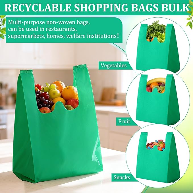 Windyun Reusable Grocery T Shirt Bags Bulk Small Non Woven Shopping Bag 10 x 18 x 5 Inch Foldable Tote with Handle Party Gift
