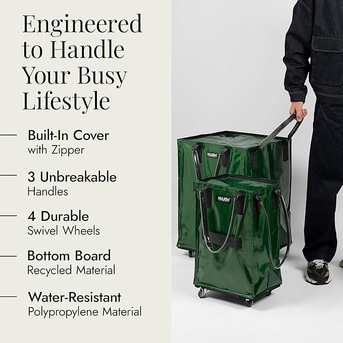 HULKEN - (Medium, Forest Green) Reusable Grocery Bag On Wheels, Shopping Trolley, Rolling Tote, Zipper Closure, Lightweight, Carries Up to 66 lb, Folds Flat, Unbreakable Handles