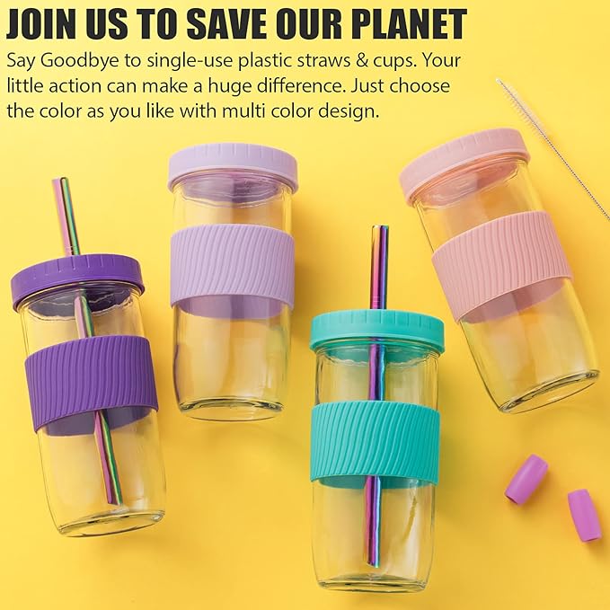 Reusable Glass Mason Jars Cups with Lids and Straws Silicone Sleeves, 4 Pack 24Oz Wide Mouth Smoothie Cups Glass Bubble Tea Cup, Leakproof drinking glasses Water Bottle Travel Tumbler for Large Pearl