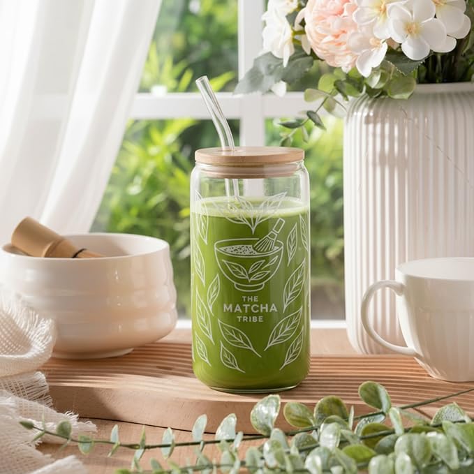 2 Set 16oz Matcha Glass Cups with Bamboo Lid and Straw 2 Brush Reusable Sealed Thick Leakproof Iced Coffee Cup Borosilicate Glass Tumble Gift for Matcha Lovers, Latte, Juice, Smoothie