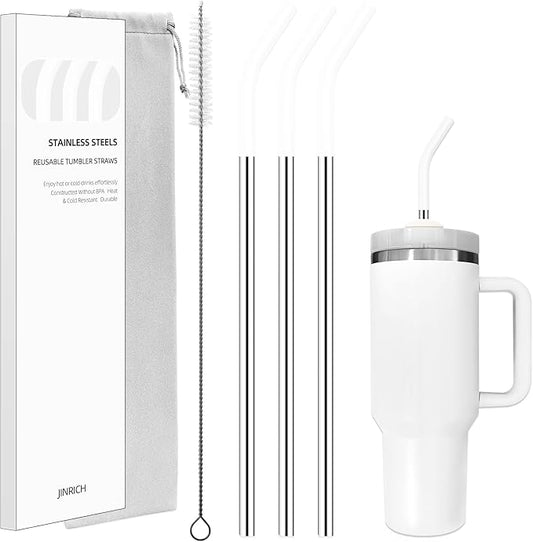 Set of 3 Stainless Steel Straws for 40 Oz Tumbler,For Stanley 40 Oz Tumbler, Reusable Metal Straw with 6 Silicone Tips and 1 Straw Cleaning Brush (White, 40 oz)