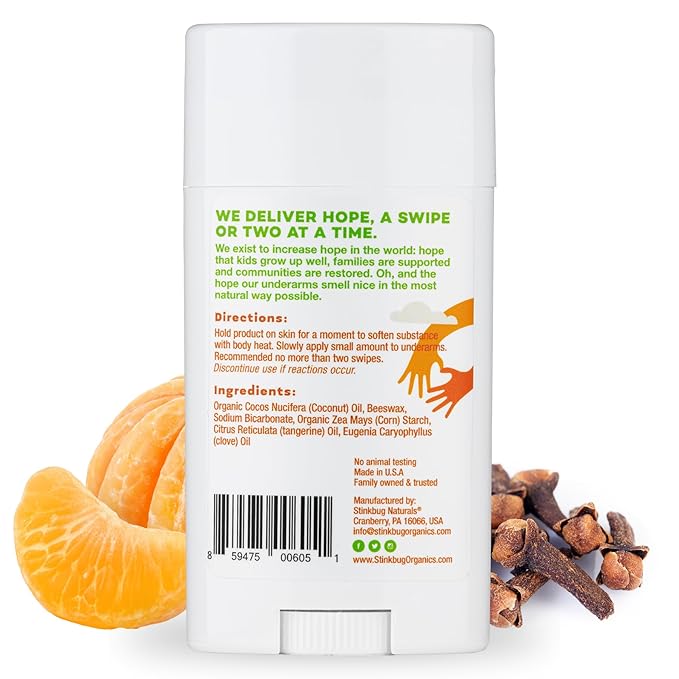 Stinkbug Naturals Organic Aluminum Free Deodorant Stick with Tangerine Spice, Coconut Oil and Essential Oils, Paraben Free, Sensitive Skin Deodorant, 2.1 Ounces Pack of 3