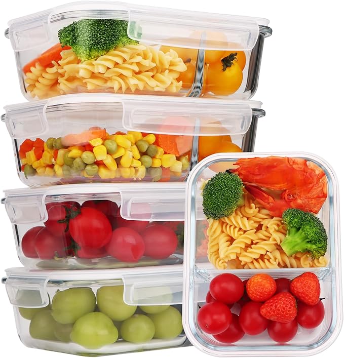5-Pack Glass Storage Containers,Glass Food Container with Lid,Lunch Box,Bento Box,Storage Box,Meal Prep Containers,Lunch Containers,Fruit Preservation Boxes,Two-partition-White