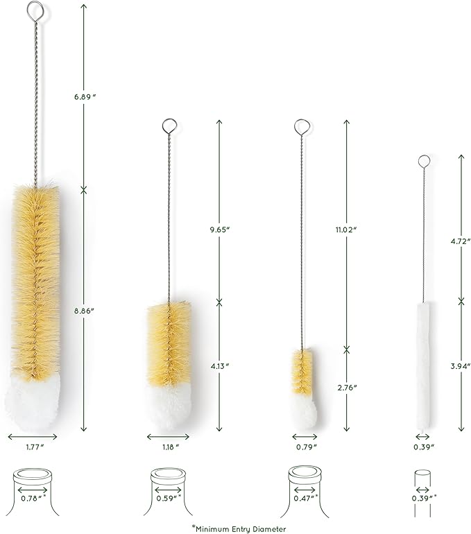 Bambaw Bottle Cleaner Brush Set | 4 Cleaning Brushes | Bottle Brush Cleaner Set | Water Bottle Brush | Bottle Scrubber | Small & Long Bottle Brush for Glass - Soft Cotton Tip to Prevent Scratches