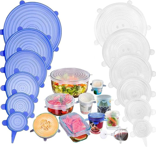JIGUOOR Silicone Stretch Lids, 12 Pack Reusable Silicone Lids, Durable Food Storage Silicone Covers for Bowl, 6 Sizes to Meet Most Containers to Keep Food Fresh, Microwave Safe - Easy Clean