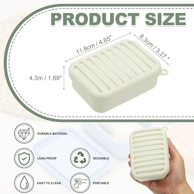 uxcell Shampoo Bar Travel Case, Silicone Leak Proof Soap Bar Case with Draining Layer Soap Container for Traveling, Bathroom, Gym, Camping(4"x2.76"x1.3", Beige White)
