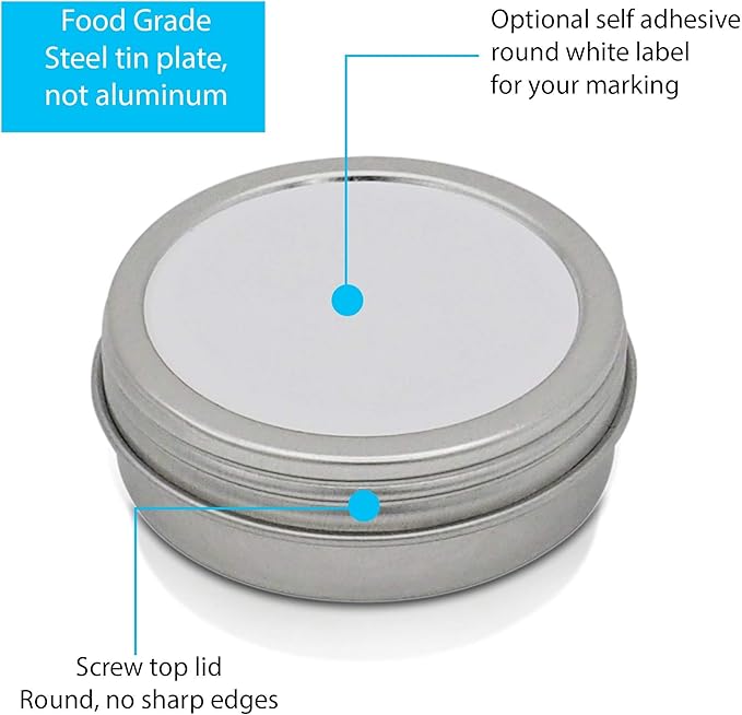 SimbaLux Screw Top Round Steel Tin Cans 4 oz (120 ml) with Self Adhesive White Round Stickers, 24-Pack