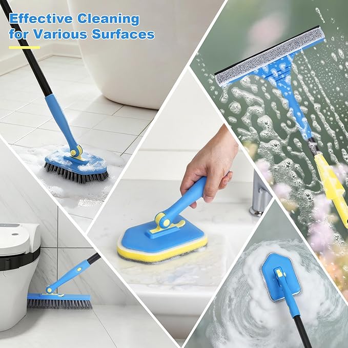 Extendable Cleaning Brush 51" with Stiff Bristles, Scouring Pad, Microfiber Pad, V-Shape Scrub Brush & Squeegee for Bathroom, Shower & Tile Cleaning