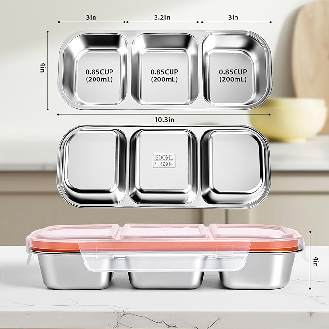 Stainless Steel Snack Box Container - 2 Pack Bento Box for Kids & Adults, 3 Compartment Leak-Proof Snack Containers with Lids（3Org+3Org）
