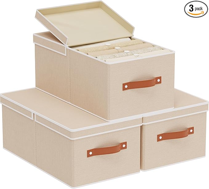 3-Pack Storage Boxes, Foldable Blanket Basket with Detachable Lid, Linen Closet 0rganizers with Double Handles, Collapsible Cubes for Organizing, Beige, 18.5 x 11 x 7.9 inch