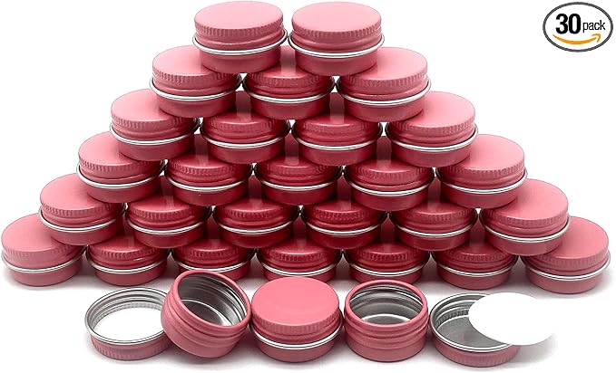 30 pack 5ml Round Lip Balm Tin Cans, 5g Aluminum Makeup Sample Containers with Screw Lid, Empty Pink Metal Tins Pot Storage Travel Tin Jars for Cosmetic, Cream, Candle, Tea, 5 Gram Tins