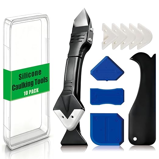 3 in 1 Silicone Caulking Tools, 10 Pack, Grout Removal Sealant Finishing Tool with Scraper(Stainless Steelhead), 5 Exchange Silicone Pads, Ideal for Kitchen, Bathroom, Tub Tile, Window Sealing
