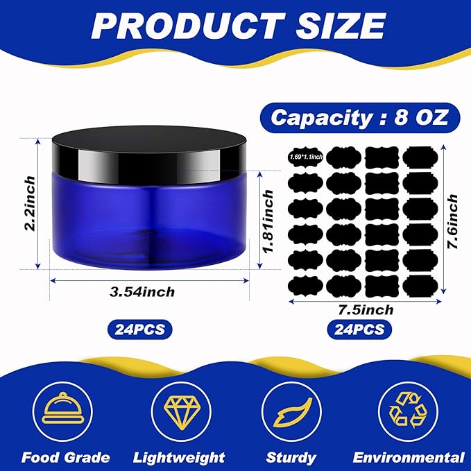 Dandat 24 Pcs 8 oz Plastic Jar Container with Lid and Label Refillable Empty Round Blue with Black PET Cosmetic Sample Containers for Lotion, Cream, Ointments, Body Butter, Makeup, Travel Storage