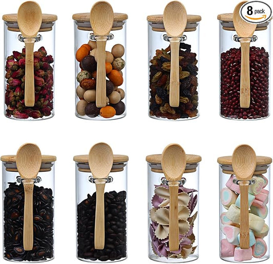 Glass Sugar Container with Spoon, 8 Pack 10oz Glass Tea Jars with Bamboo Lids and Spoons, Loose Leaf Tea Containers for Coffee Beans, Brown Sugar, Nuts, Candy, Bath Salts