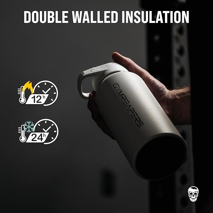 Gymreapers Insulated Water Bottle - Stainless Steel 32 Oz, 3 lids (Straw, Chug, Canteen), Double Walled Vacuum Insulation, Thermo Mug Cold Hot - Durable Powder Coated Finish
