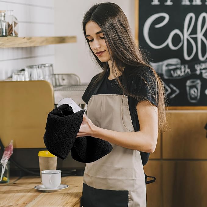 Fintale 100% Cotton Kitchen Towels and Dishcloths Set, 12 x 12 & 15 x 25 Inches, Set of 12 Bulk Super Soft and Absorbent Terry Cloth Dish Towels, Quick Drying Hand Towels with Hanging Loop, Black