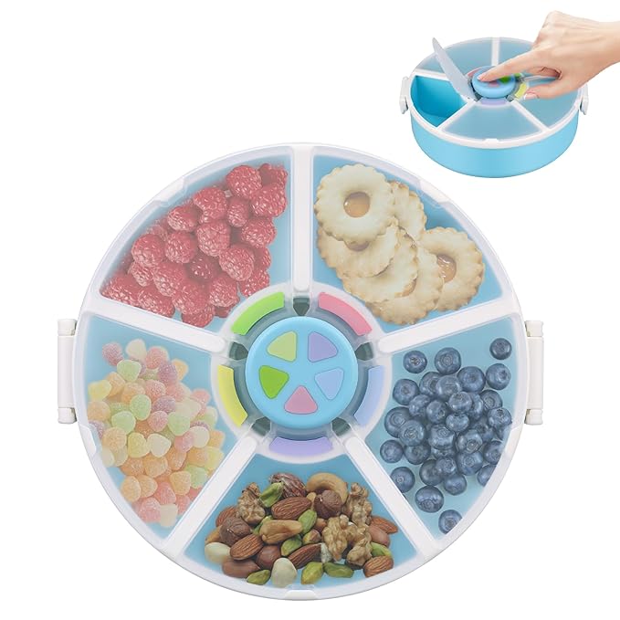 Snack Rotator Container Reusable Snack Box with 5 Compartment Dispenser and Lid, Color Matching Opening Lid, BPA and PVC Free, for Home, School, Travel (1 Pack- Blue)