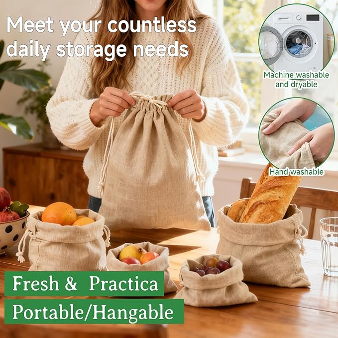 Simple&Opulence 3-Pack 19” x 23” Linen Cotton Drawstring Bags Reusable Grocery Sacks, DIY Craft Sachet Sacks Storage Cloth Bags for Party Wedding Home Bulk Produce Bags, Washable, Natual Linen