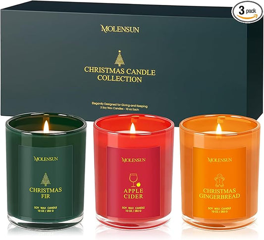 Christmas Candles Gift Set, 3 Pack Total 30oz Soy Scented Candles – Christmas Fir, Gingerbread & Apple Cider – Luxury Gift Box, Holiday & Birthday Gifts for Women & Men, Non-Toxic Clean Burn