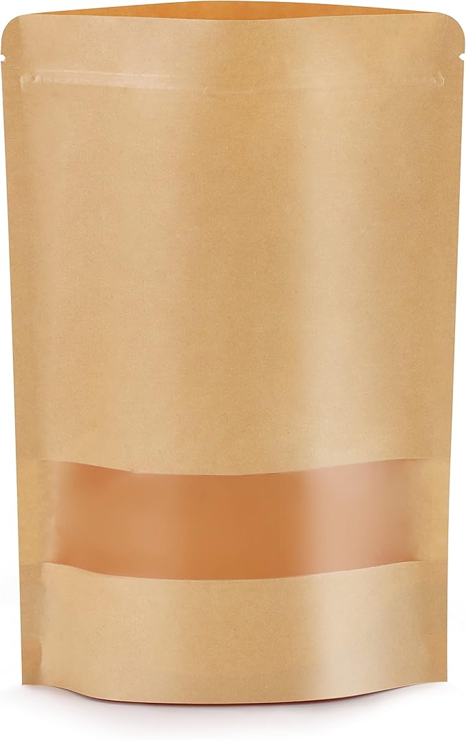 50pcs Kraft Bags with Window 5.9x8.6 Inches Brown Reusable Sealable Zip Lock Food Storage Stand up Paper Pouches for Home or Business