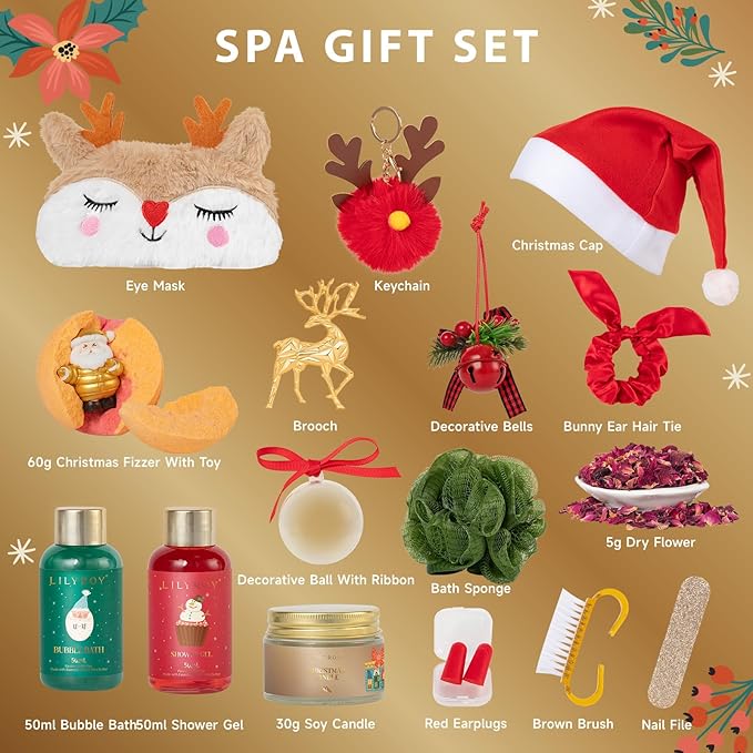 Advent Calendar 2025 Christmas Gifts for Women Mom - Luxury Gift Box with Brooch and Cute Sleeping Mask, Bath and Body Gift for Sister, Girlfriend, Wife, Mom｜Spa Set Bath Gift Idea for Female Friends