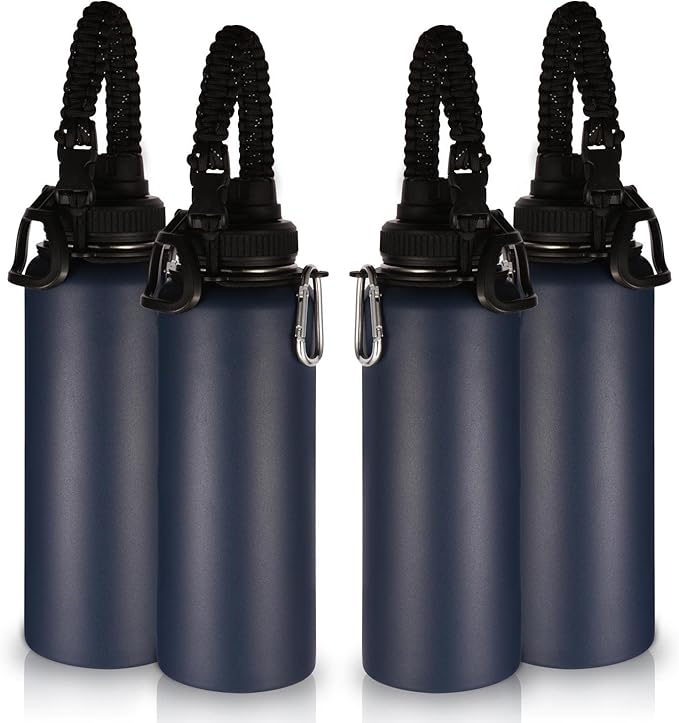 Volhoply Insulated Water Bottles Bulk 4 Pack, 40 oz Stainless Steel Sports Bottle with Paracord Handle, Double Walled Metal Water Cups with Wide Mouth, Reusable Water jug for Hiking(Navy,4 Set)