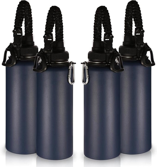 Volhoply Insulated Water Bottles Bulk 4 Pack, 40 oz Stainless Steel Sports Bottle with Paracord Handle, Double Walled Metal Water Cups with Wide Mouth, Reusable Water jug for Hiking(Navy,4 Set)