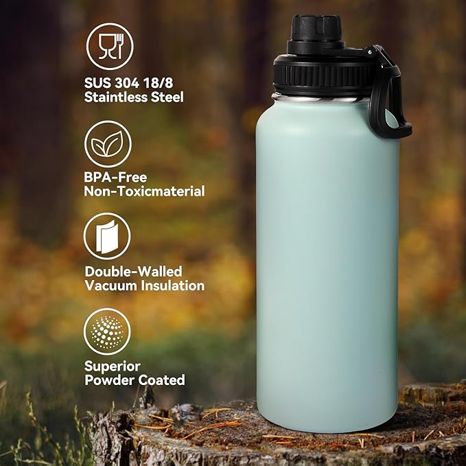 Neihepal 32 oz Insulated Water Bottle with 2 Lids (Straw & Spout Lid), 18/8 Stainless Steel Double Wall Water Bottles for Gym, Travel, Camping, Sports (Fog,1 Pack)