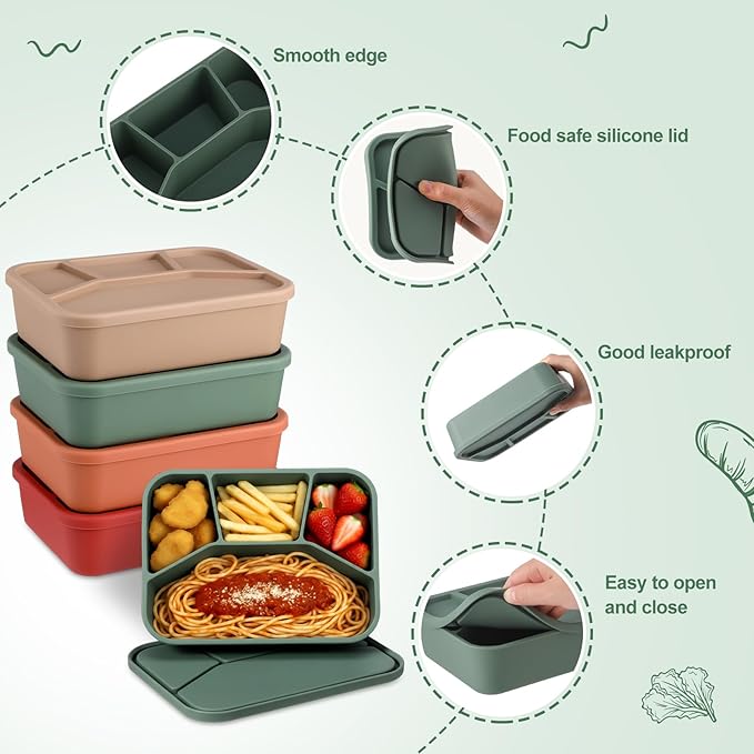 Honeydak 4 Pcs Silicone Bento Box Reusable Lunch Container 4 Compartment Snack Boxes with Lid Smooth LeakProof Rectangle Food Boxes for Adult Work Travel Food Storage (Simple Color)