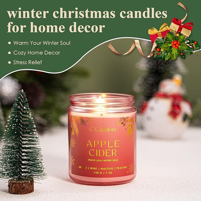 Christmas Soy Candles for Christmas Home Decor Non-Toxic Aromatherapy Scented Candles for Holiday Christmas Gifts, Cozy Cute Jar Candle, Winter Candle for Women Men, Apple Mulled Cider Scent Candle